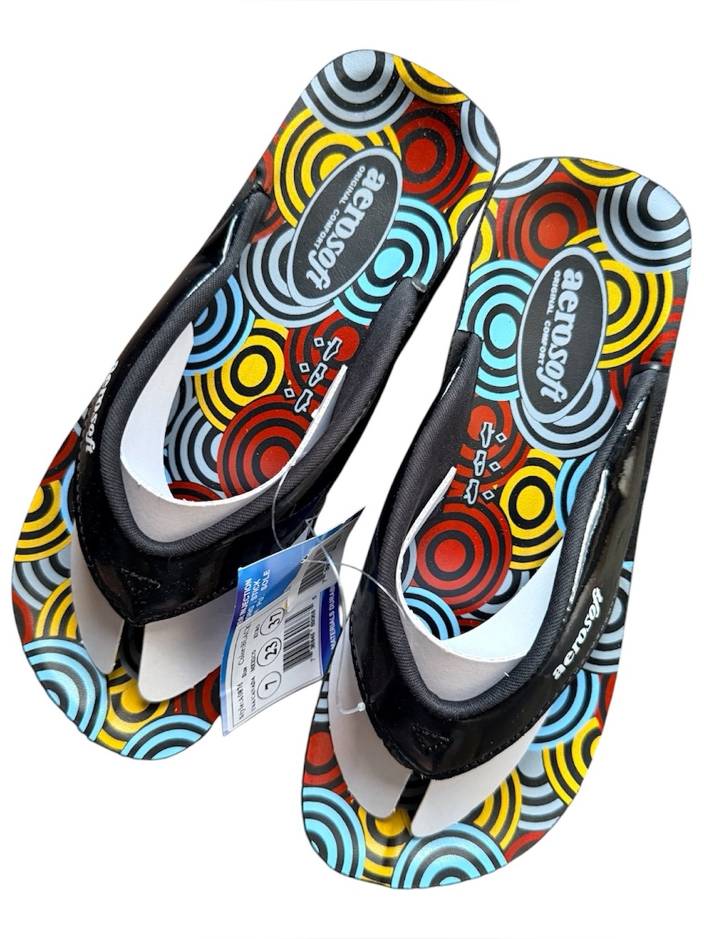 Aerosoft Colorwheel Flip Flop Sandals - Black with Multicolor Circles Sz. 7 NWT